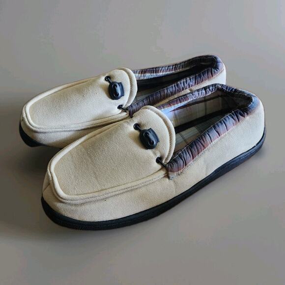 Men's Gold Toe Slippers Size 10D Ivory Plaid Trim Hard Sole NEW - Picture 1 of 6